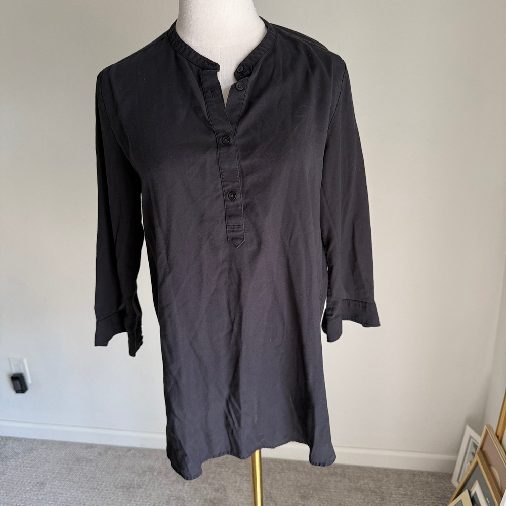 UNIQLO Women's Black 3/4 Sleeve Button Down Tunic Top Mandarin Collar Medium